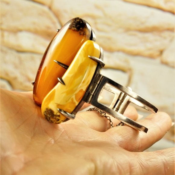 SUPER RARE MODERNIST AMBER STERLING BRACELET, HEAVY HINGED BANGLE 7" - Picture 7 of 11